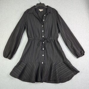 Indulge Shirt Dress Womens Large Black Textured Stripe Button Front Ruffle Hem